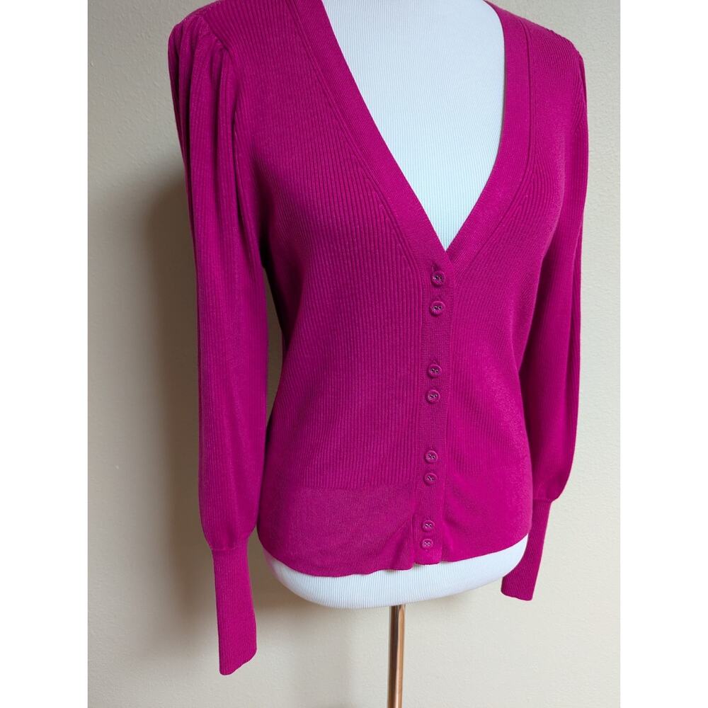 Pink Ribbed Knit V-Neck Cardigan Sweater | Button Up Long Sleeve | Women - Picture 2 of 2